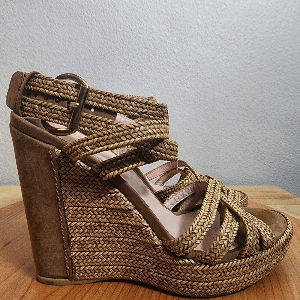 Stuart Weitzman Shoes Womens Size 8 Brown Suede Strappy Espadrille Wedge Sandals